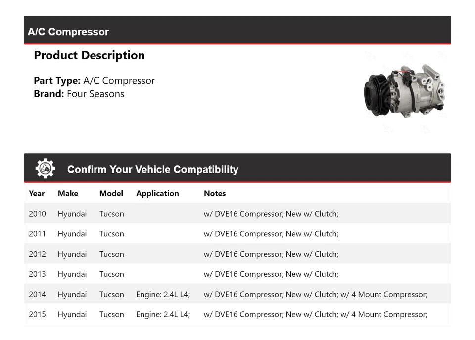 Compresor de aire acondicionado para Hyundai Tucson 2010-2015 4 estaciones 2011 2012 2013 2014 Foto 2 de 4