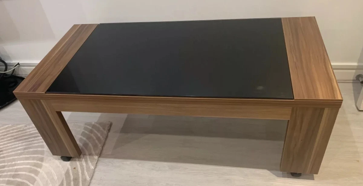 oak and black glass coffee table with wheels used