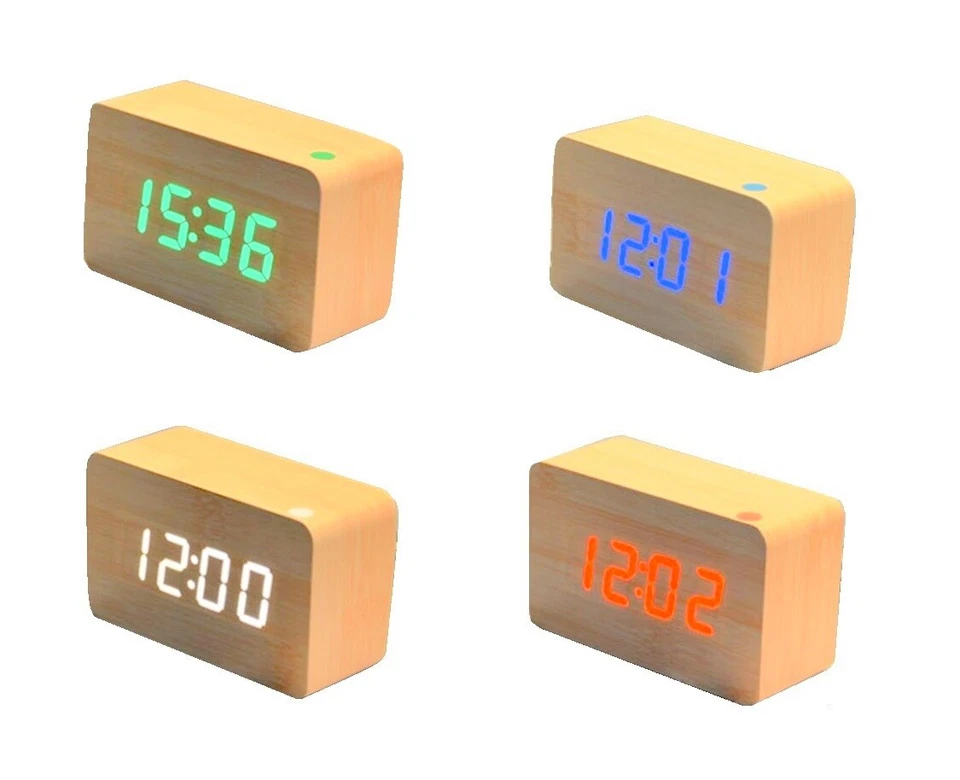 LED Digital Wecker Tischuhr Holzfarbe Uhr Tag Thermometer Alarm 010-11 - Bild 1 von 1