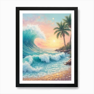 Welle und Palmen Kunstdruck gerahmt Wandbild Poster Leinwanddruck Bild