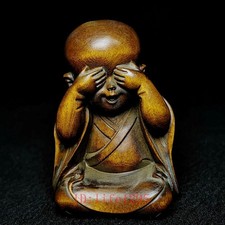 2.5 Inch Old Chinese Boxwood Hand carved Lovely Boy Buddha Statue Collectable