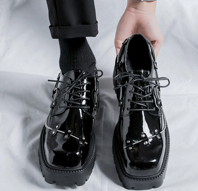 Men s Studded Business Dress Formal Shoes Square Up Shiny Leather Platform 