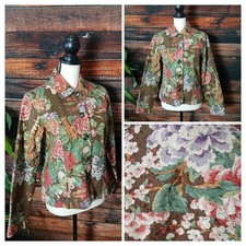 Coldwater Creek Vintage Jacket M Boho Brown Floral Tapestry Button Front Lined