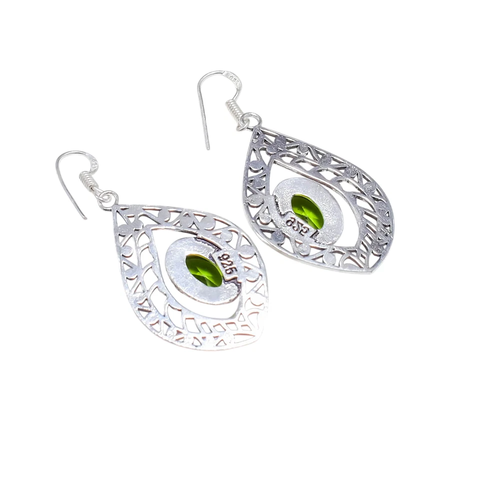 Green Peridot Gemstone Handmade 925 Sterling Silver Jewelry Earring Size-2" - Image 4 of 4