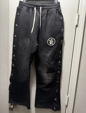 Hellstar Black Fleece Snap Button Pants M Drawstring Waist Straight Leg