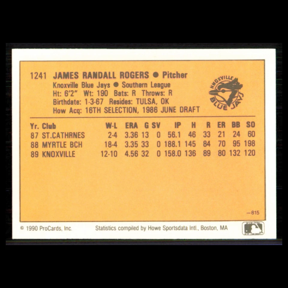 Jimmy Rogers #1241 1990 ProCards Knoxville Blue Jays Baseball Card MLB NM - Image 2 of 3