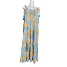 Blue Island Tropical Palm Print Maxi Dress XL Blue Orange Boho