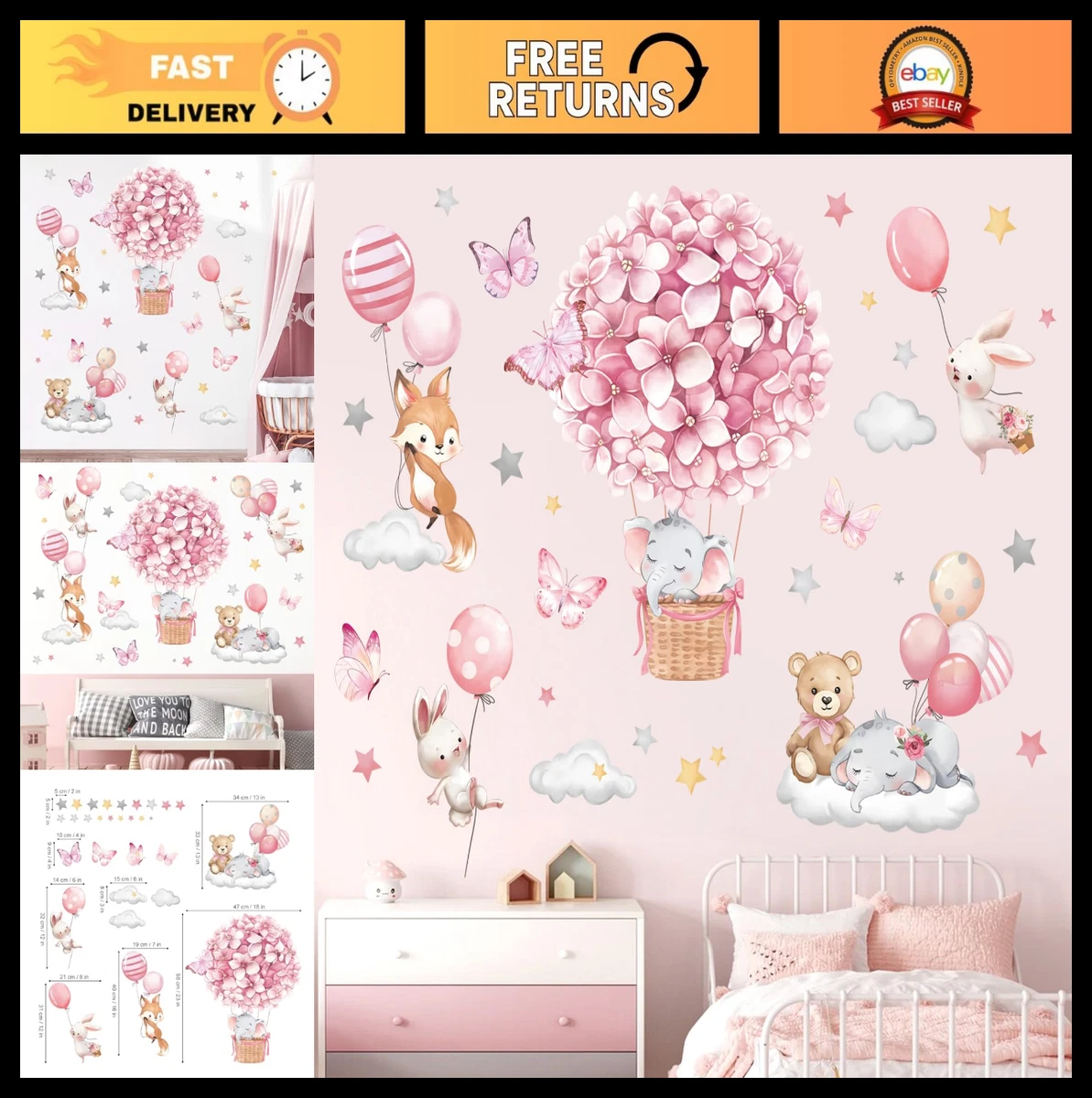 Animal Train Wall Decals: Elephant Giraffe Panda Penguin Bear Kids Room