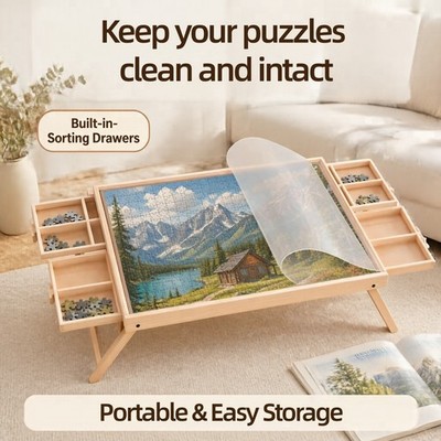 Wooden 1000pc Puzzle Table Folding Legs 4 Drawers 16 Sorting Grids
