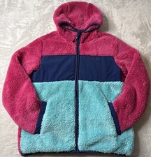 Eddie Bauer Full Zip Hooded Fleece Sherpa Jacket Girls Large Pink Teal Pockets