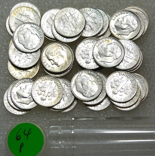 1964 Roosevelt Silver Dime Gem BU Original UNPICKED Roll of 50 coins #V204Z
