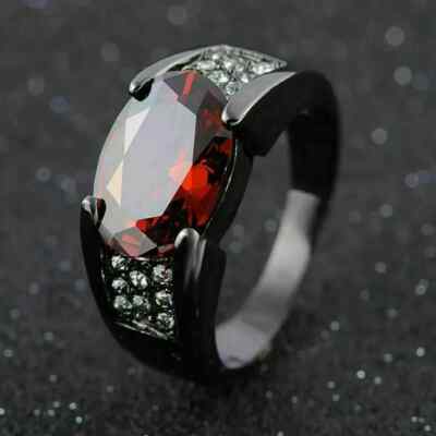 2Ct Oval Cut Lab Created Red Garnet Mens Wedding Band Ring 14K Black Gold Plated
