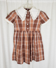 Vintage Handmade Peter Pan Sailor Collar Brown Plaid Twirl Dress Girls size 6