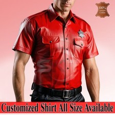 Men's Police Real Red Soft Leather Police Military Style Gay Shirt Half Sleeve