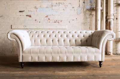MODERN HANDMADE 3 SEATER CHAMPAGNE CREAM VELVET CHESTERFIELD SOFA