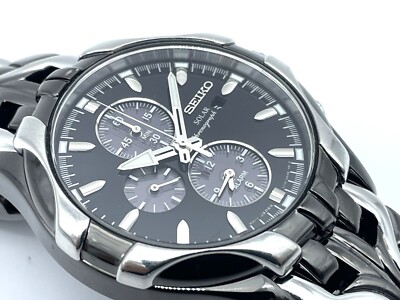 SEIKO Men's Solar Chronograph Watch SSC139 Black and Silver