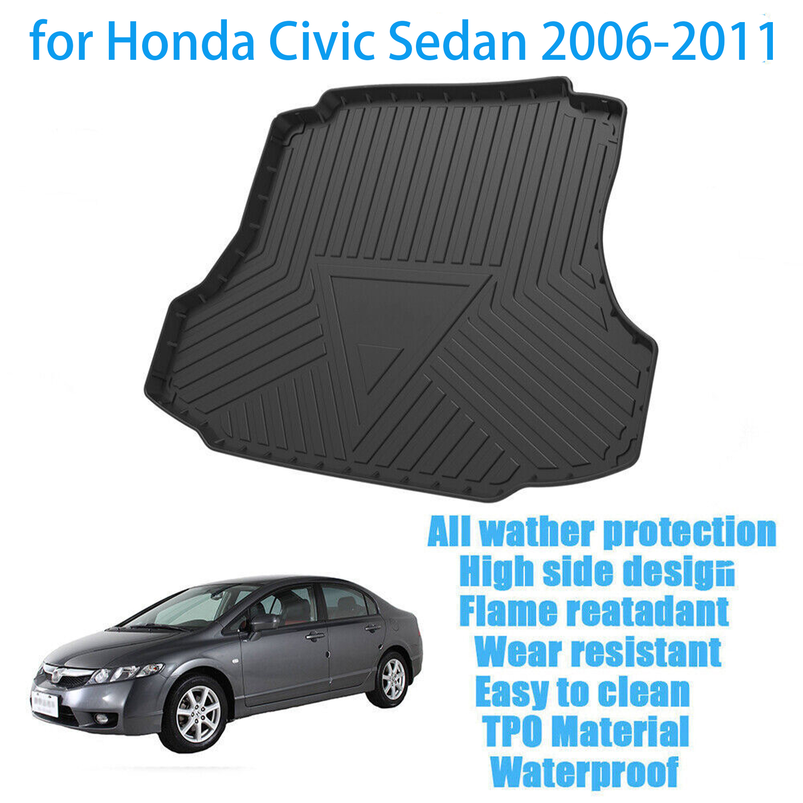 Black TPO Trunk Tray Boot Liner Floor Cover Mat for Honda Civic Sedan 2006-2011