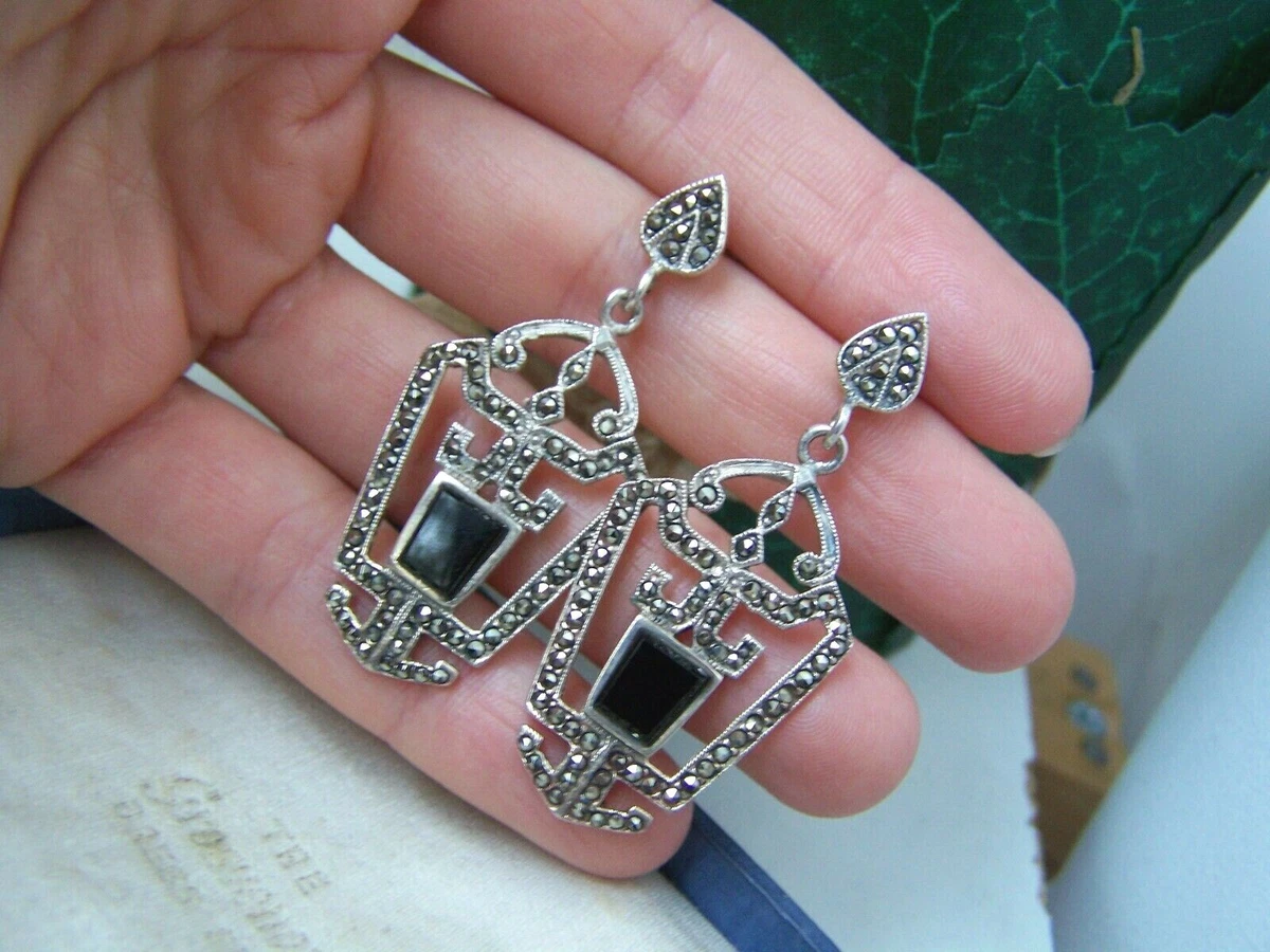 VINTAGE SOLID STERLING SILVER ONYX MARCASITE DROP DANGLE EARRINGS UNUSUAL RARE