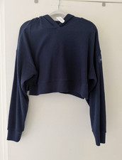 ALO Yoga Ribbed Cropped Pullover Hoodie Blue Women s S Logo Athleisure