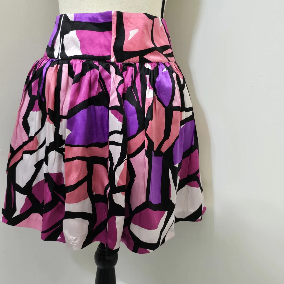 y2k High Waisted Pleated Colorful Art Flared Silk Mini Skirt Lined 2 KENSIE GIRL - Image 2 of 4