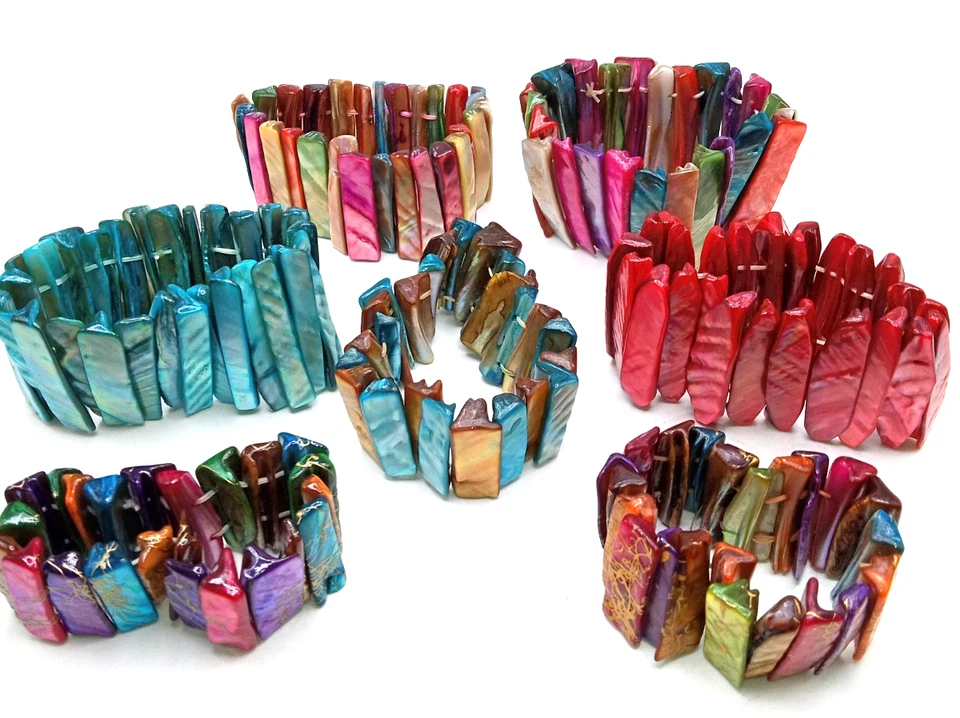 Vintage Multi Color  Mother Of Pearl  Stretch Bracelets Lot of 8 Turquoise Rose - Image 2 of 4