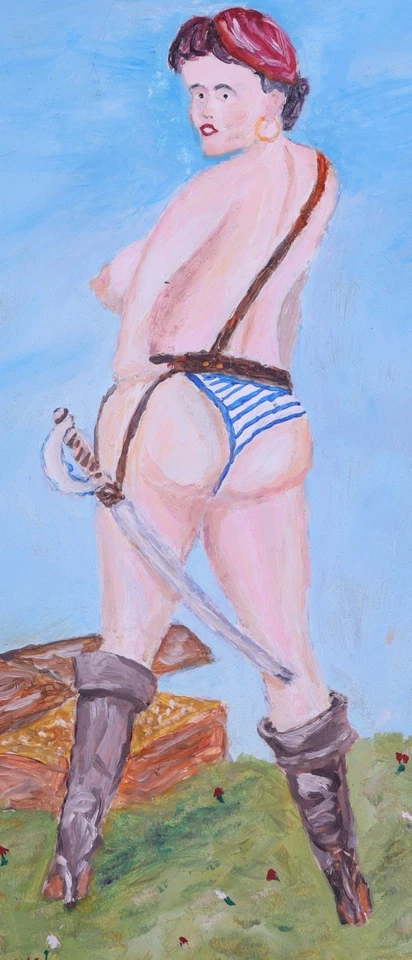 Pintura popular acrílica única de N. Nomikos - Tema de cazador de tesoros, colorida Foto 3 de 4