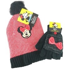 Disney Minnie Mouse Kids Girls Beanie Hat Flip Top Gloves Set Pom Black Red Bow