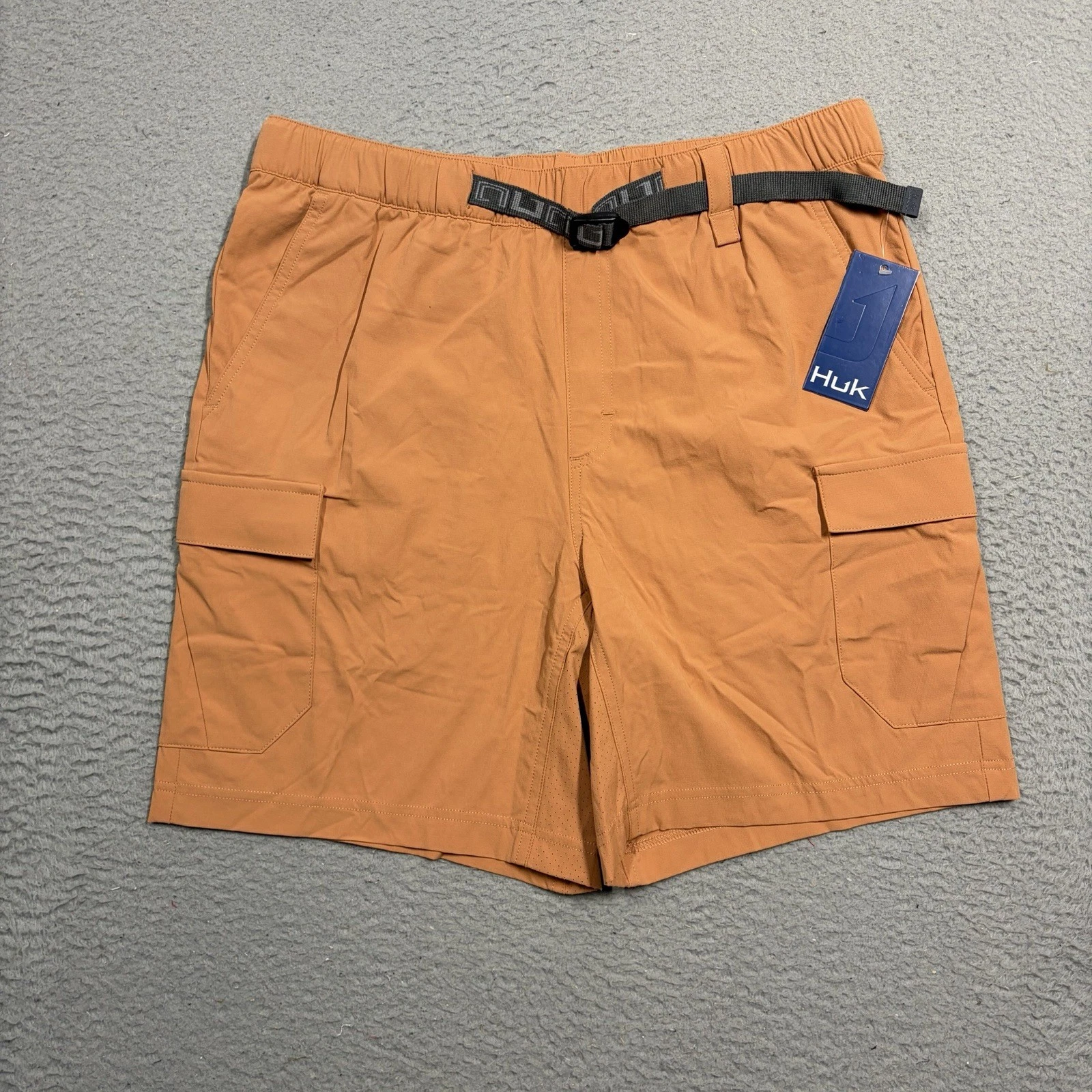 Huk Creekbed Cargo Shorts Mens Medium Orange Lightweight Stretch Belted Fishing