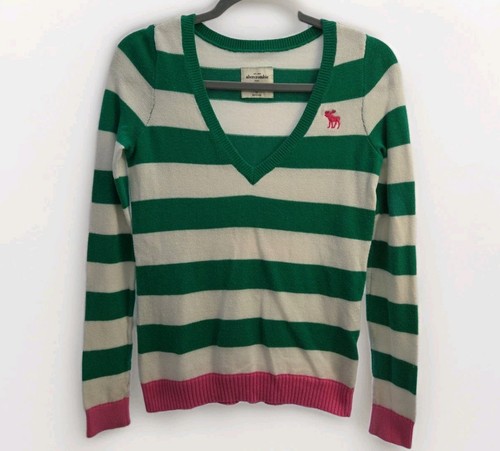 Abercrombie Kids Girls XL  green white Stripe Vneck Sweater Preppy Y2K Vtg 2000s