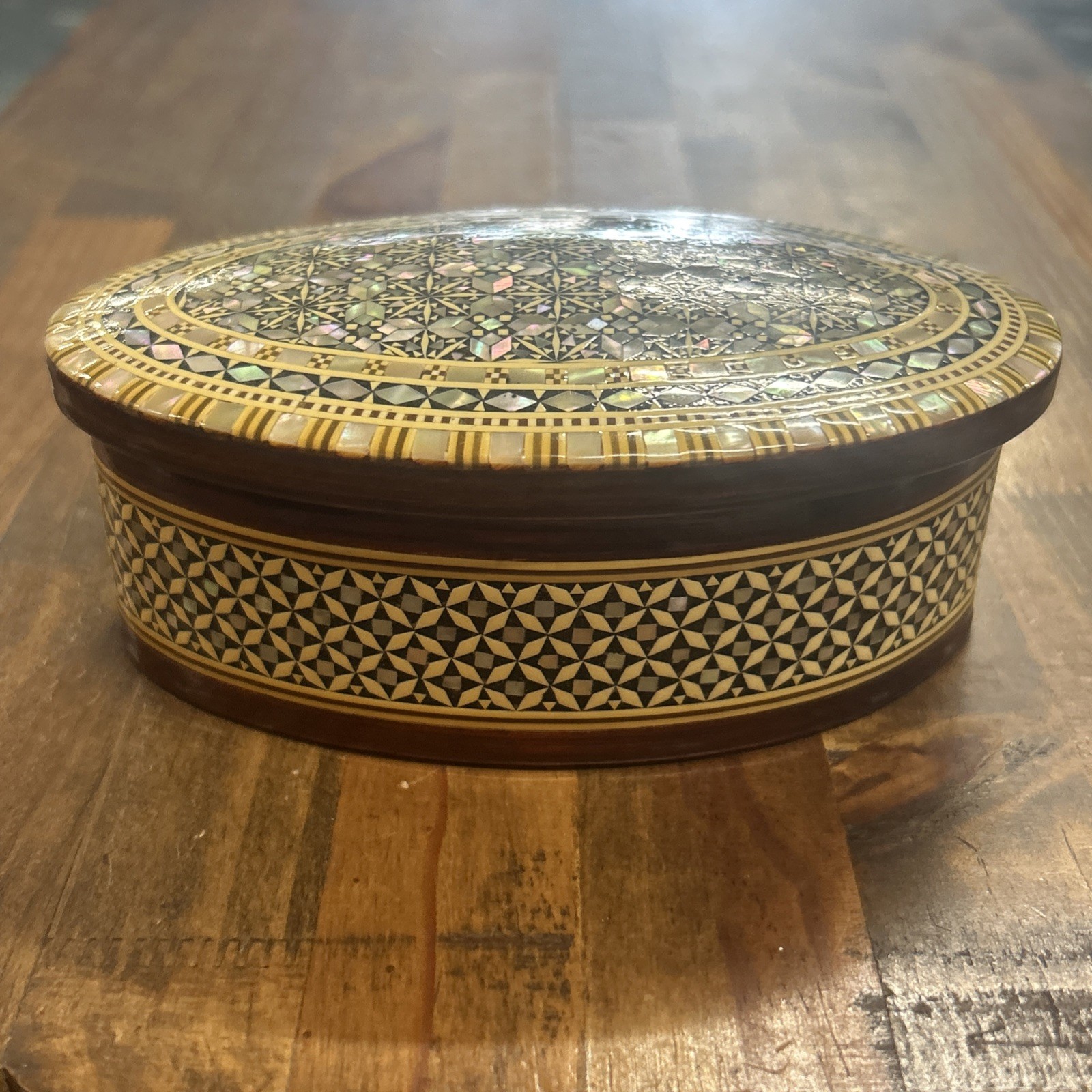 Egyptian Inlaid Mother of Pearl Cross Pattern Wood Oval Handmade Jewelry Box