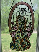 OLD Orig. 26 1/4"L Peacock Stained-Glass Hanging Panel w/ Round CABOCHON Glass