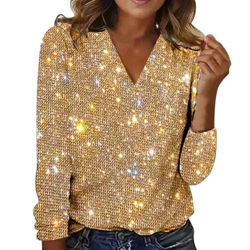 Women's Casual Solid Tops Sequin Long Sleeved V Neck Loose T Shirt Blouse Tops * - Picture 4 of 23