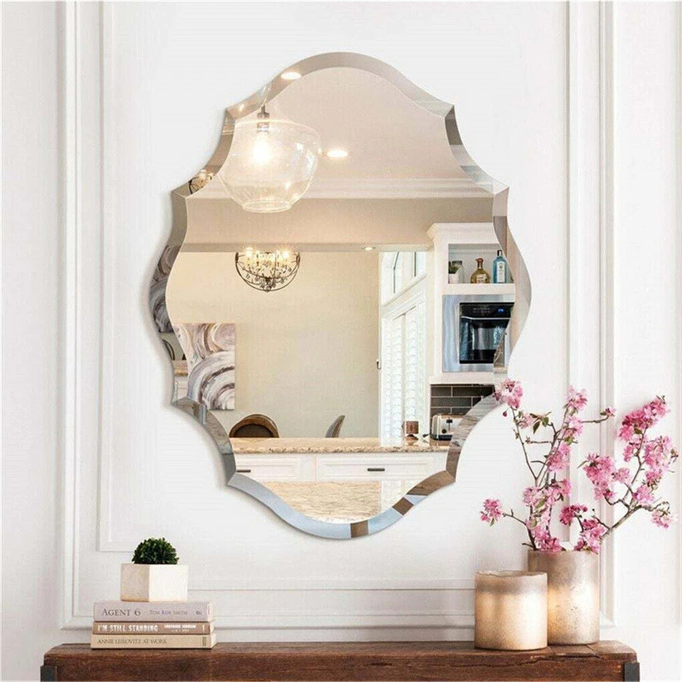 Scalloped Edged Oval Wall Mirror Frameless Wide Beveled Statement Accent Decor - Image 4 of 4