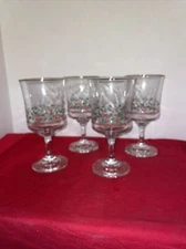 4 Vintage Libbey Christmas 10oz Glass Water Goblet Set Gold Rim Holy Berry