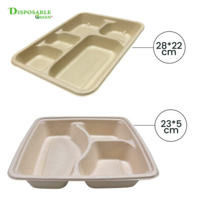 3/4/5/ Fach Bagasse Tablett kompostierbar rechteckig/eckig Platte mit Deckel