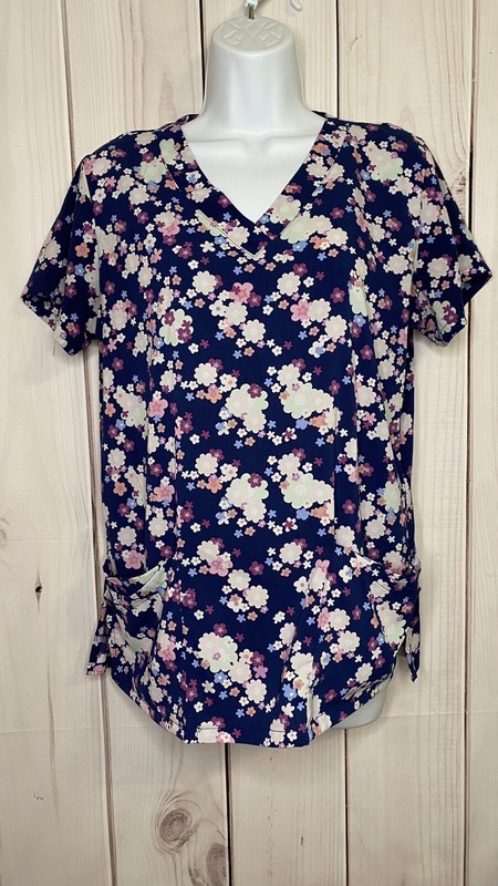 S Butter Soft Women's Small Scrub Top Short Sleeve Navy Floral Print Pockets