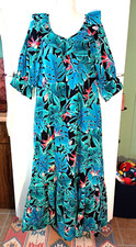 VINTAGE WOMEN'S HILO HATTIE FLORAL BIRD OF PARADISE V-NECK MAXI HAWAIIAN DRESS L