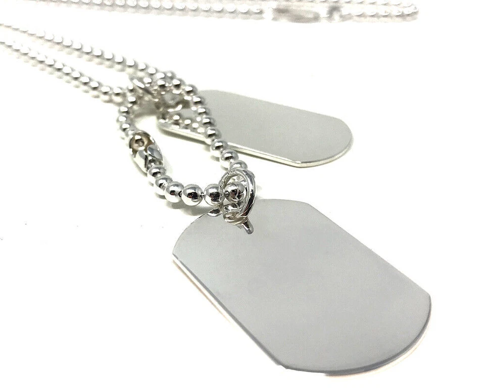 Sterling Silver Military Army Style Double Dog Tag Necklace Pendant Bead Chain