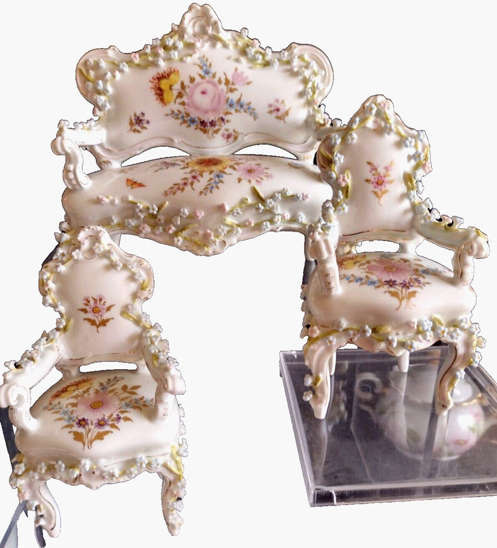 19th CENTURY MINIATURE PORCELAIN DRESDEN APPLIED FLOWERS SOFA CHAIRS GERMANY
