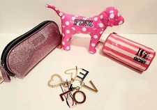 4pc Victoria's Secret PINK mini dog coin purse keychain pencil case plush NEW