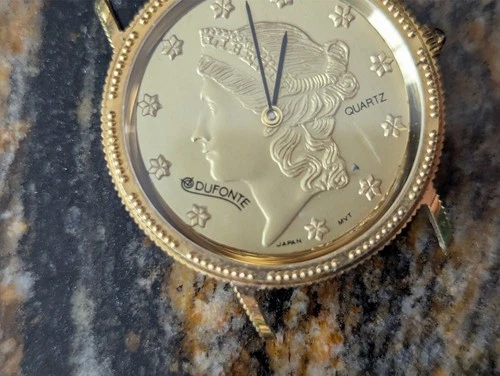 dufonte Lucian Picard liberty coin watch with blue sapphire crown quartz movemen
