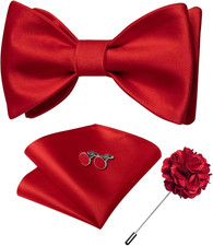 Solid Color Bow Ties for Men Formal Satin Self Tied Bowtie with Lapel Pin Red