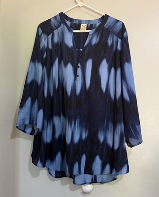 Faded Glory Navy Light Blue Designed 3/4 Sleeve Blouse Size Women's 3X 22W/24W