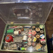Vintage green andClear Plastic Sewing Box with Thread Trim Buttons Accessories