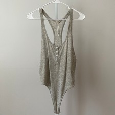 Free People L Gray Bodysuit Intimately Henley Tank Top Ribbed Knit One Piece