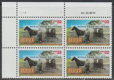 #ad Scott# 3090 1996 Commemoratives 32 cents Rural Free Delivery Plate Block A $3.40