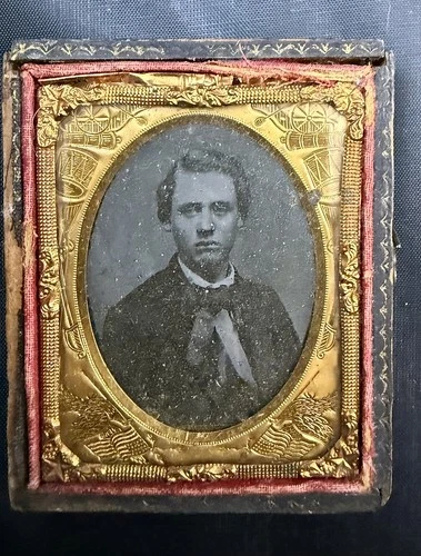 Antique Tintype Daguerreotype Civil War Era with flag Portrait of the Man