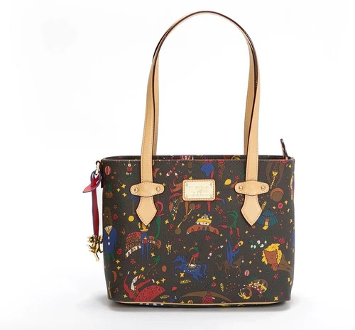Piero Guidi Magic Circus Originale-Lusso Tote Bag, Circus Print, Light Leather