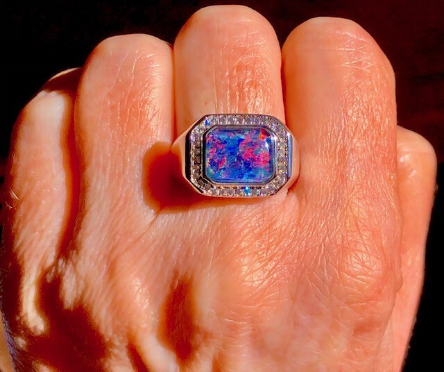 Mens Solid Black Opal Signet ring 9 Red Blue FIRE Halo Heavy Sterling ring VIDEO image 9