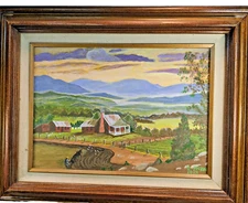 Acrylic Rustic Farm Landscape Horse plough Red buildings Thelma McKee 1983 14x10